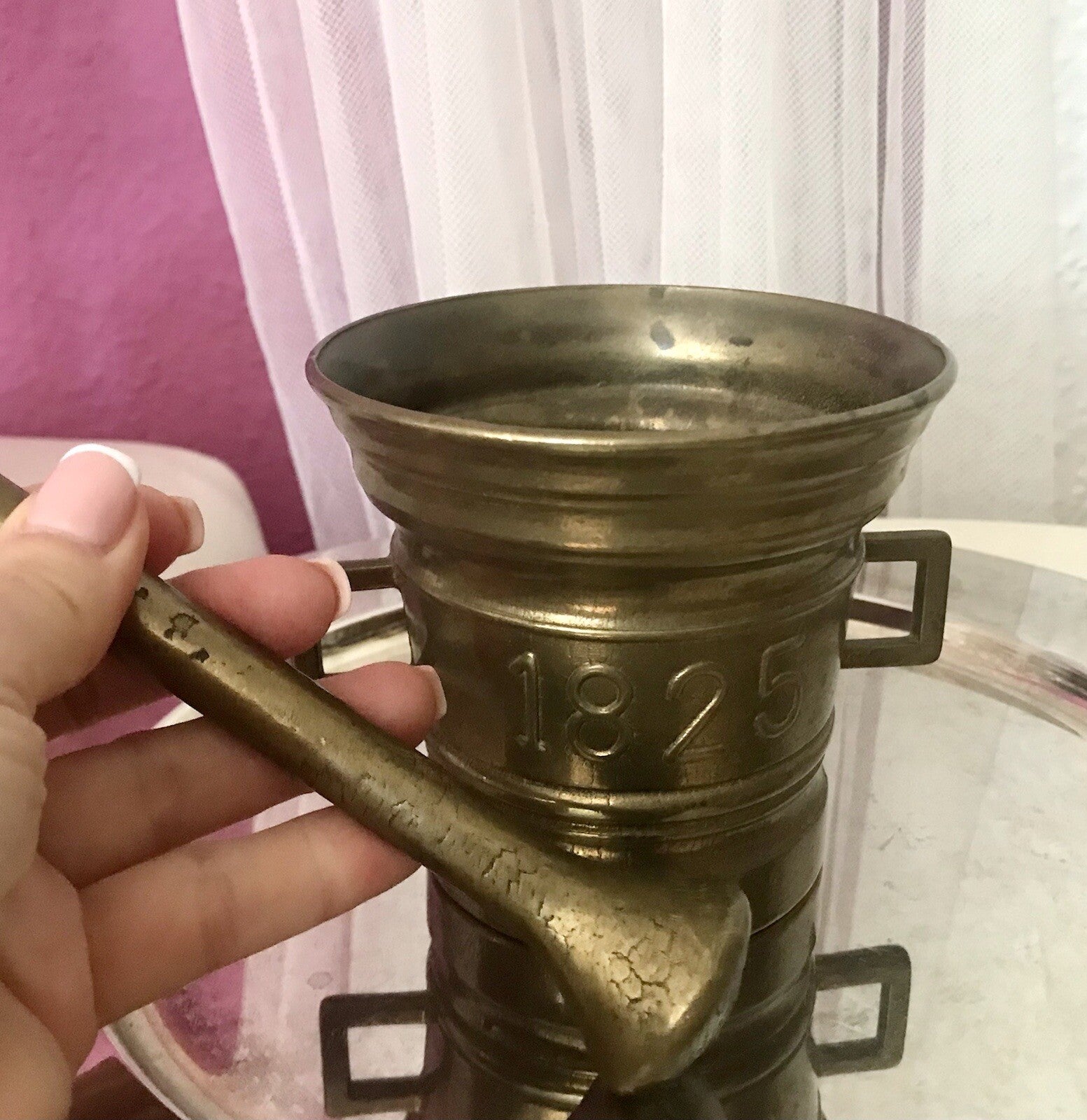 Alt Vintage Messing Mörser mit Pistill Stößel 1825 Replik