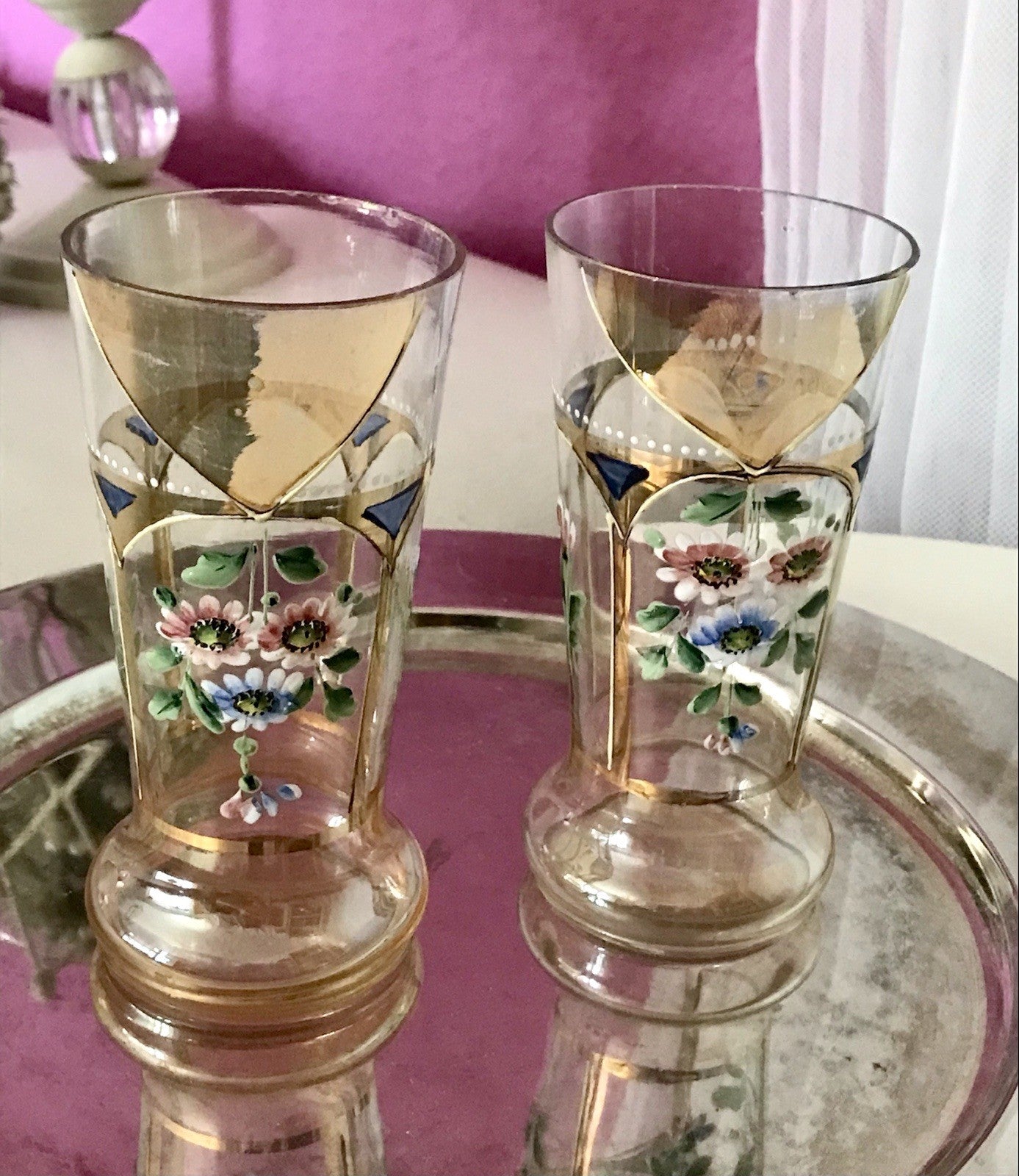Antik Jugendstil Emaile -Malerei Glas Fußbecher Becher Pokal Bierglas irisierend
