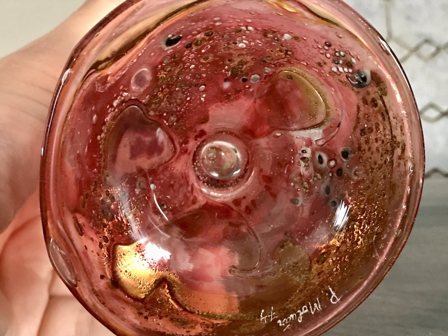 Vintage Pavel Molnār Glas Glaskunst Glasvase rot Faden Aufschmelzungen signiert