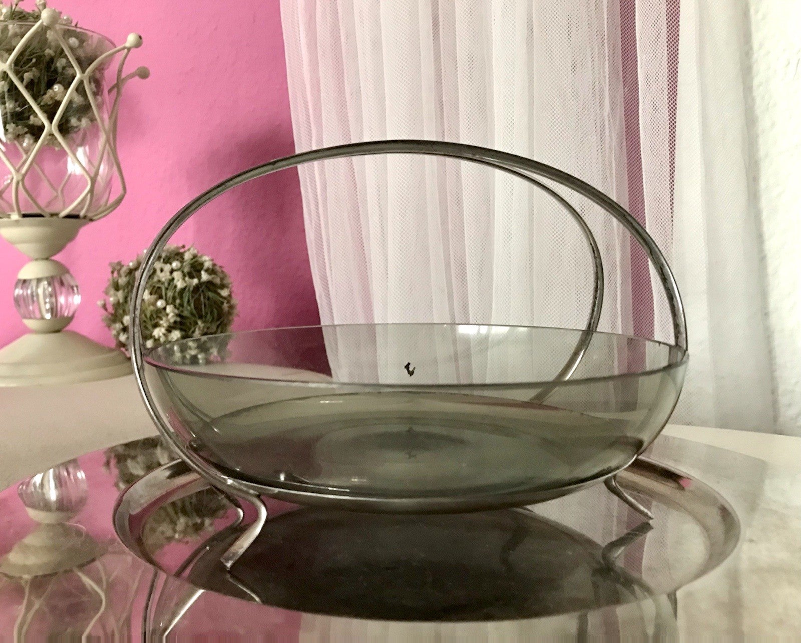 WMF ? Vintage Schale versilbert 50er 60er Mid Century Rauchglas Einsatz MCM