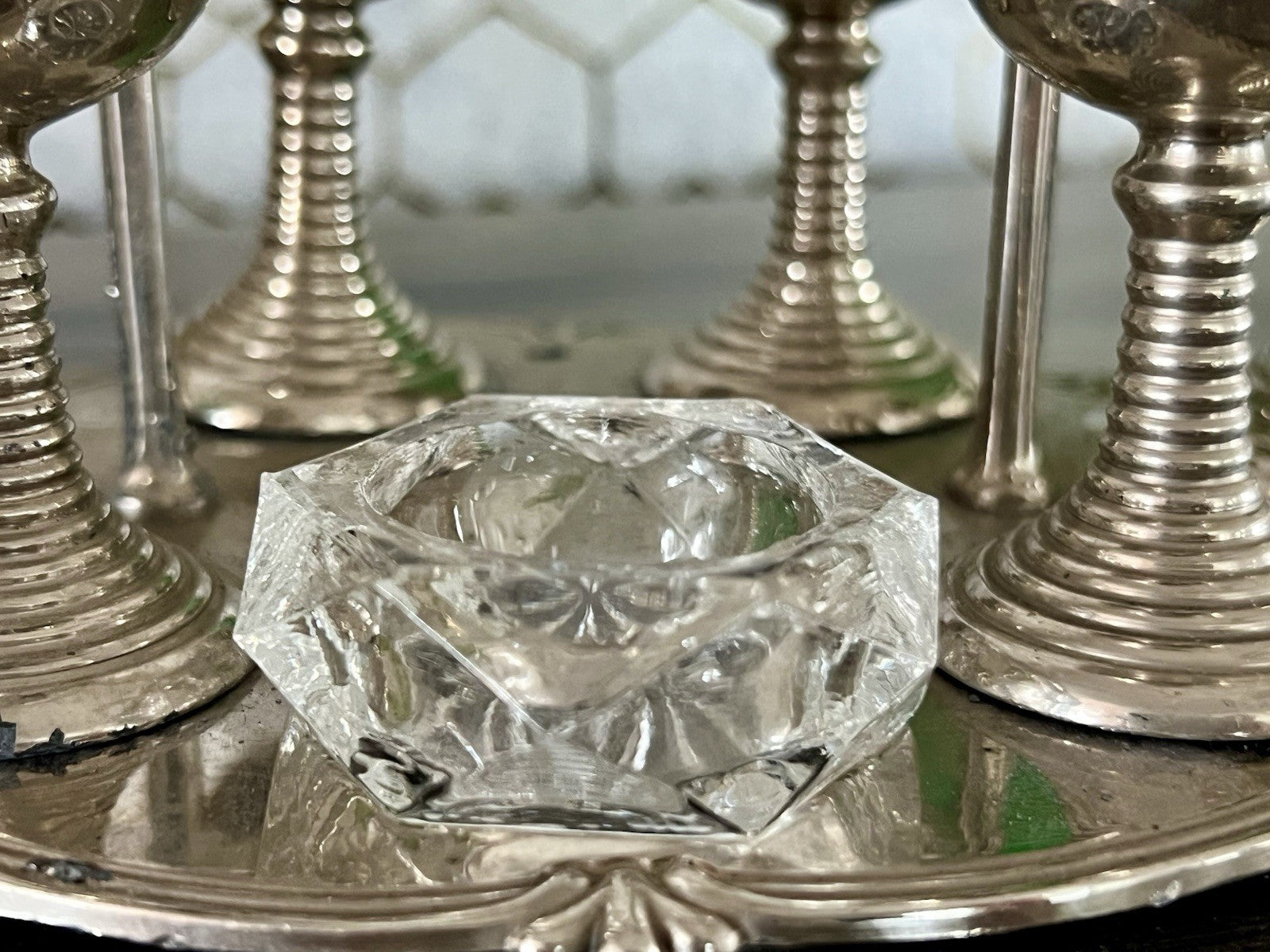 Antik Menage Eiermenage Frühstück Metallmontur Glaseinsatz 6 Eierbecher