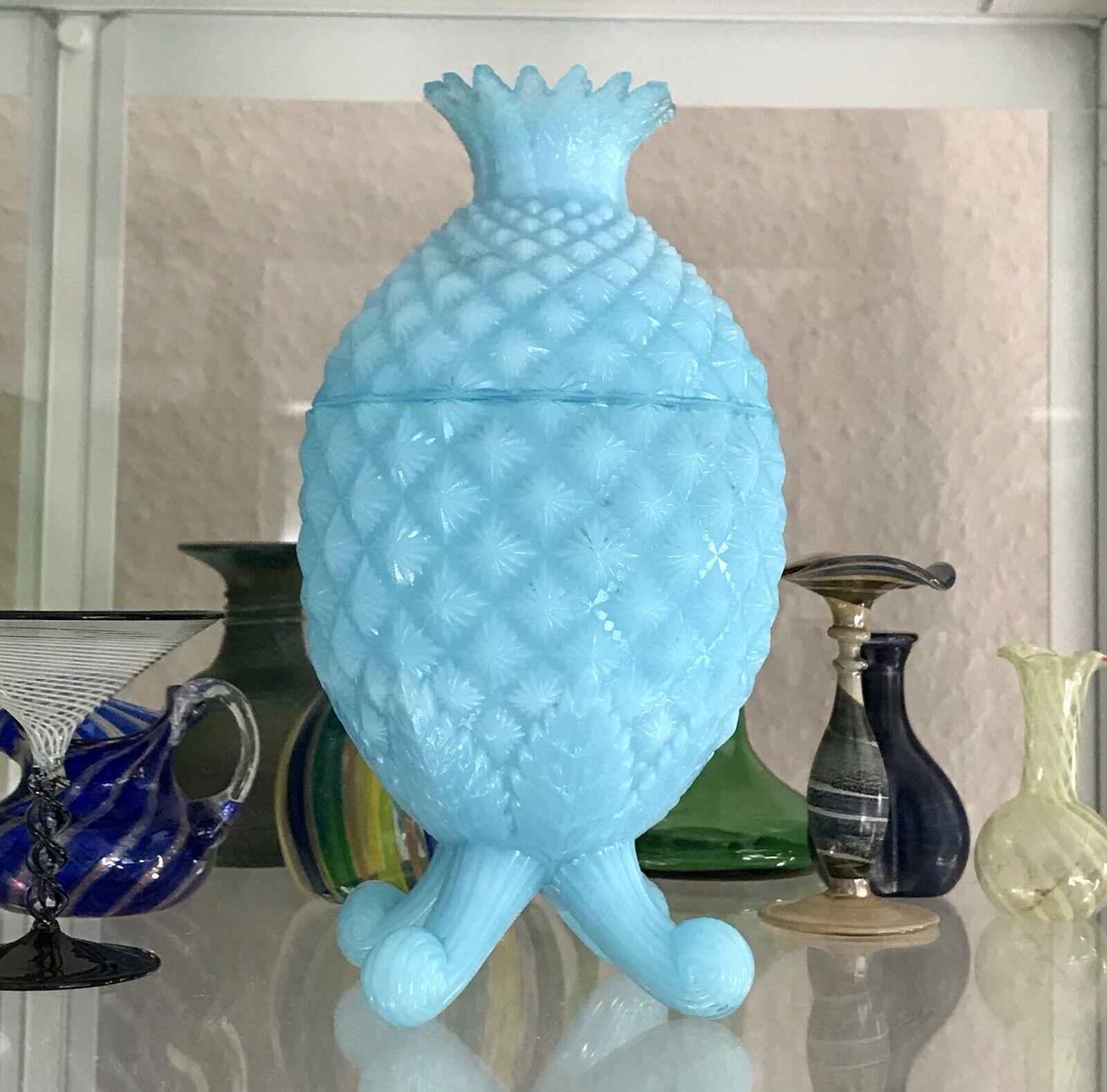 Antik Jugendstil Ananas Glasdose Dose Opalglas Deckeldose blau Pressglas SCHÖN!