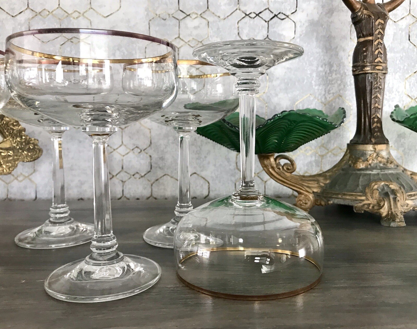 Antik? Art Déco 6 x Champagnerschalen Sekt Gläser Goldrand Lausitzer? Crystal