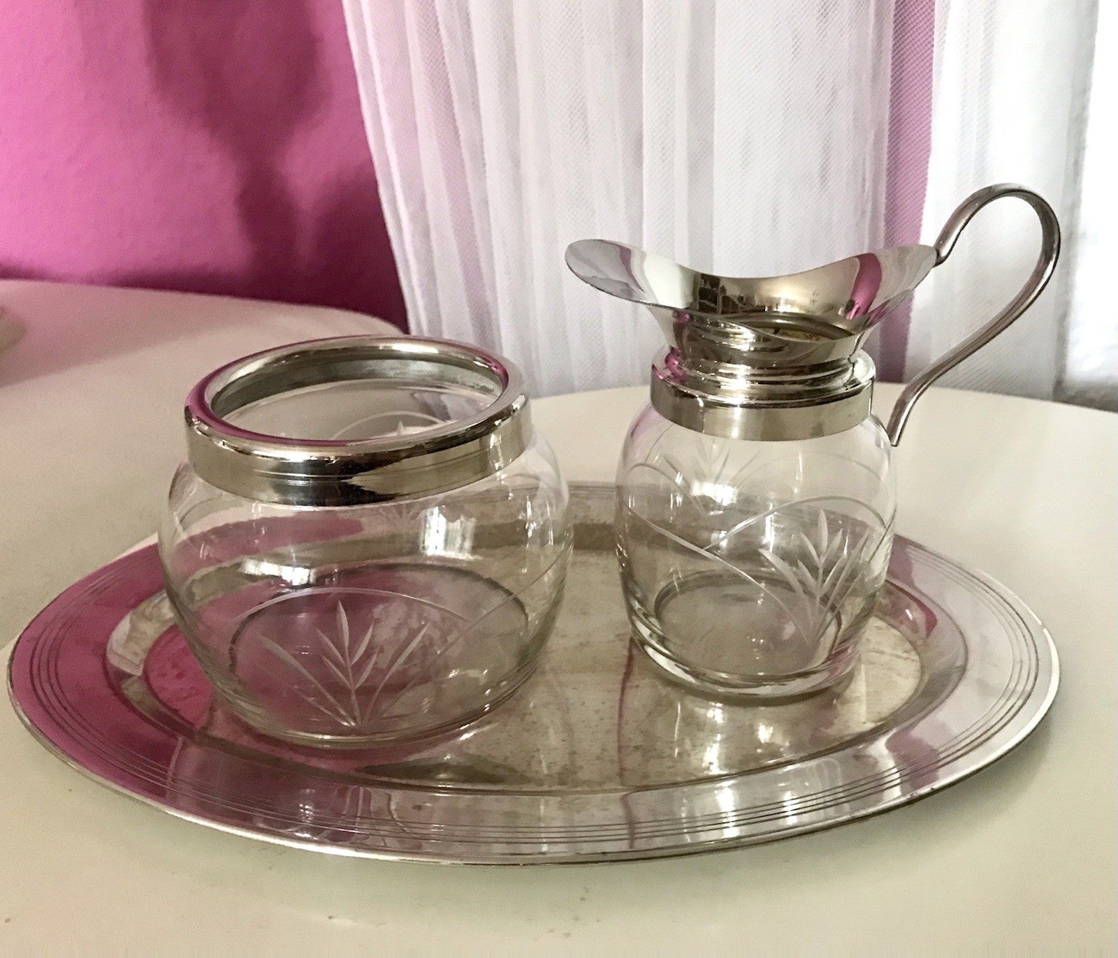 Antik Jugendstil 3 Teile Milch& Zucker Tablett Metallmontur & Glas geschliffen