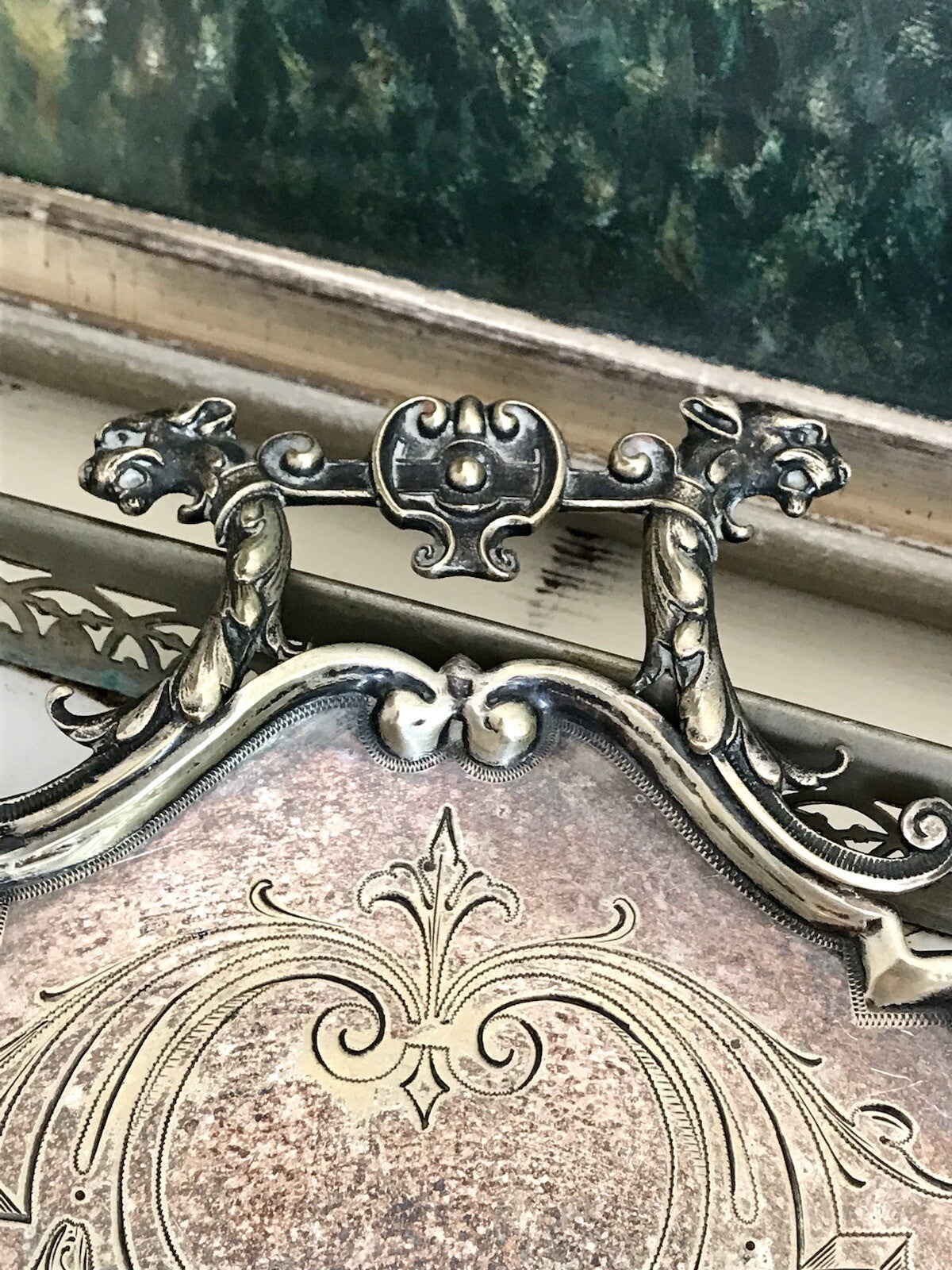 Antik versilbert Jugendstil Tischkehrset Tischkehrer Tisch Krümmelkehrer