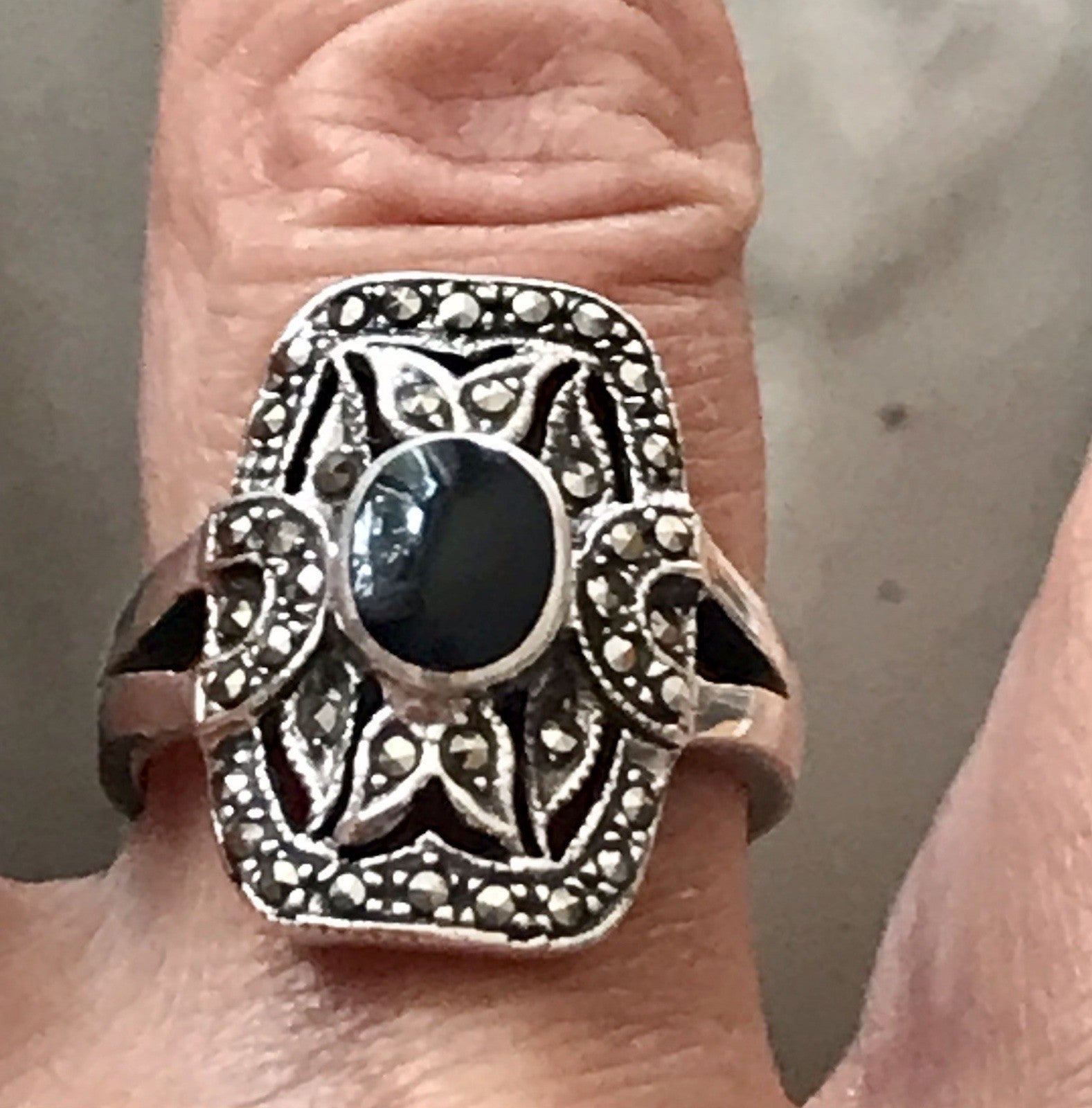Antik Art Déco Damen Schiffchen Ring 925 Silber Gr.60 Onyx Markasite