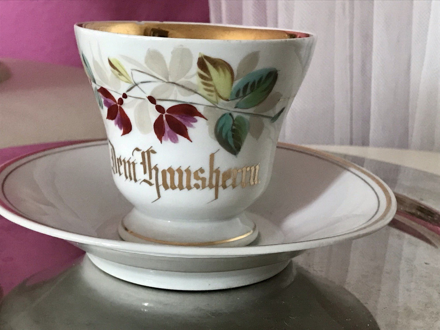 Antik Porzellan Andenken Becher Gedeck Sammeltasse Tasse „Dem Hausherrn“