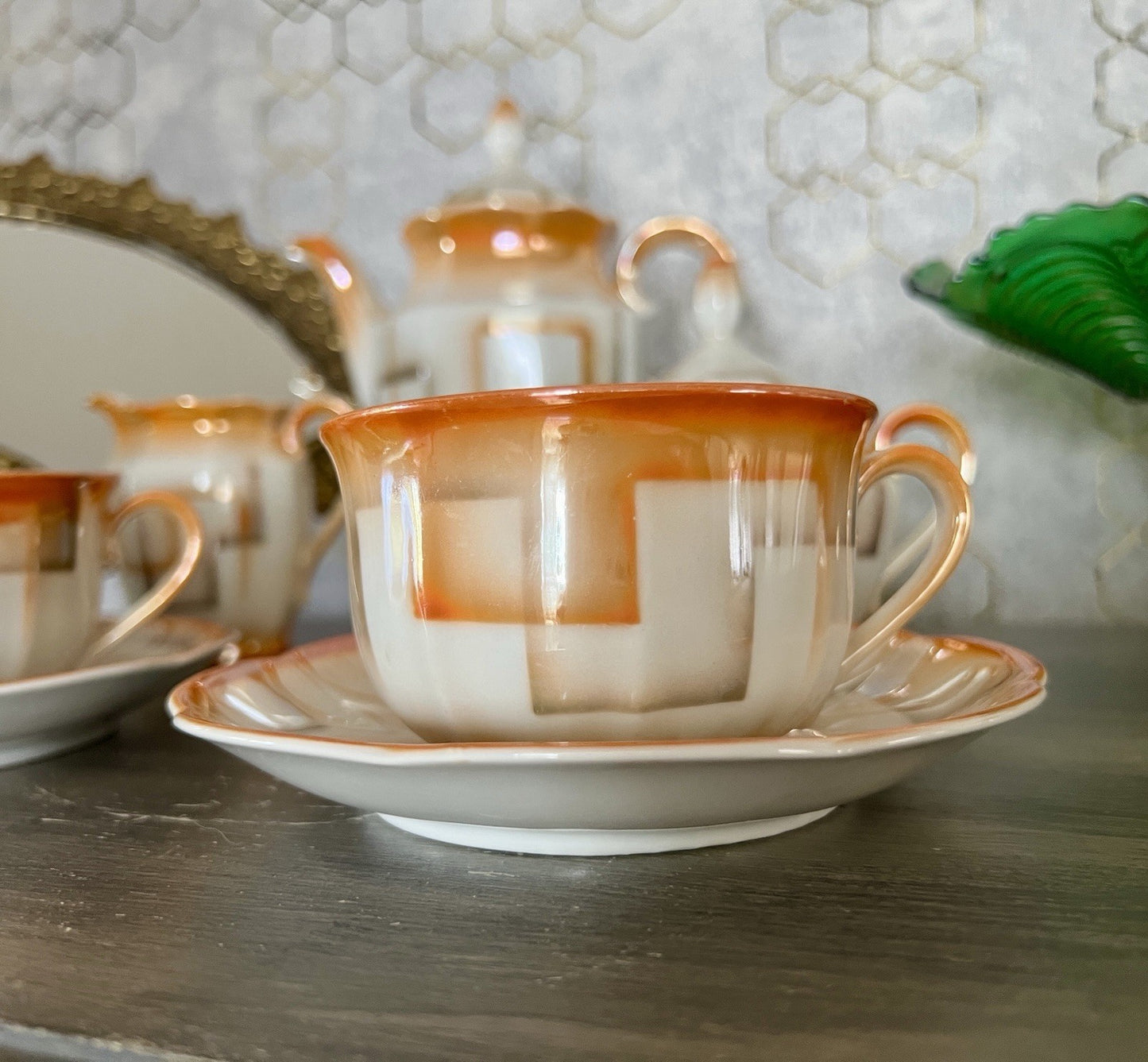 Antik Art Déco Porzellan Kaffeeservice Spritzdekor Bauhaus Teté a Téte 2 Pers.