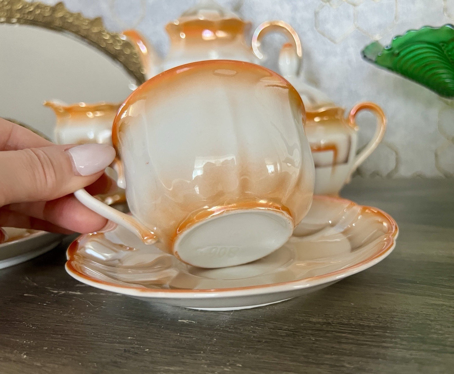 Antik Art Déco Porzellan Kaffeeservice Spritzdekor Bauhaus Teté a Téte 2 Pers.