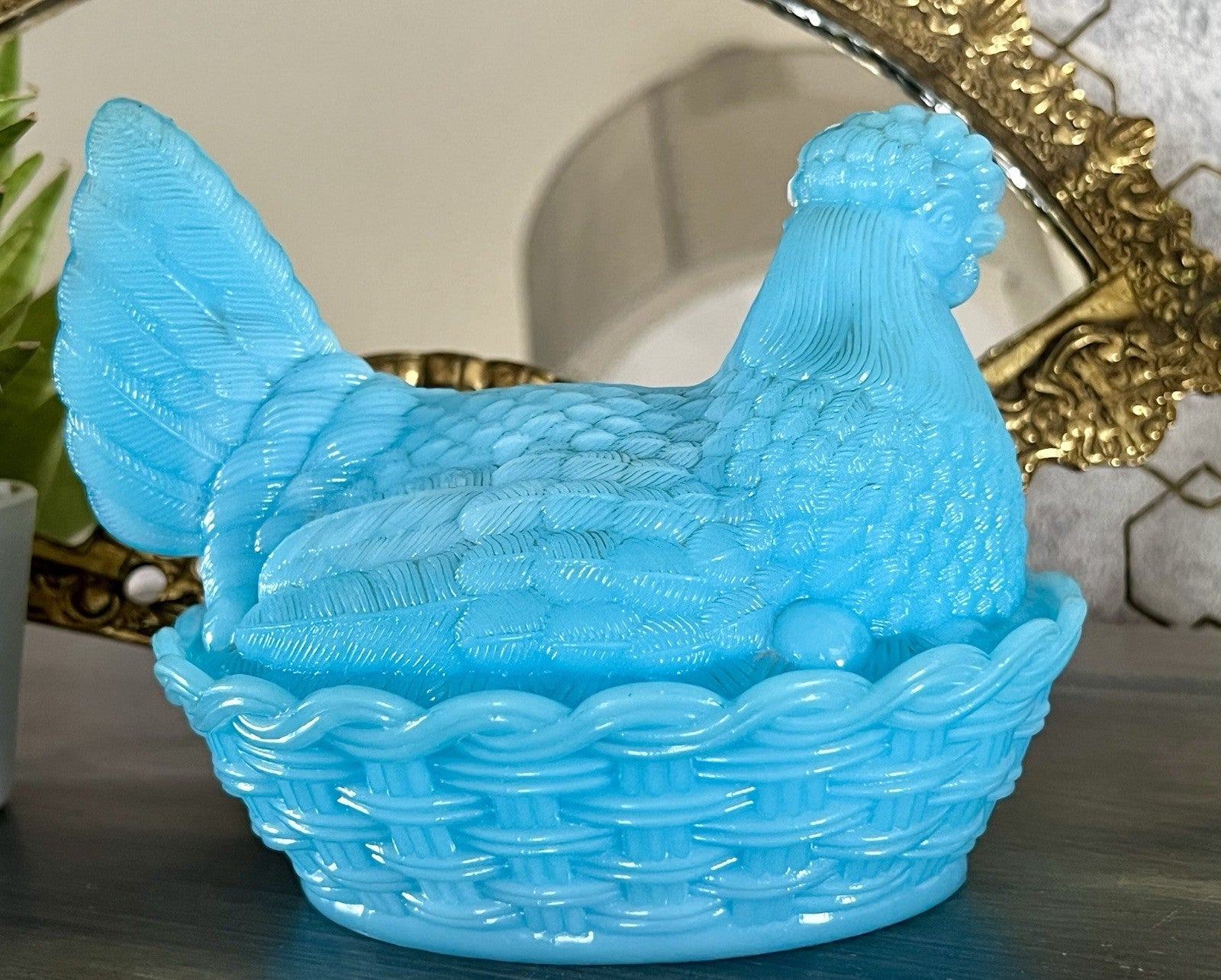 Antik Jugendstil Glasdose Dose Opalglas Deckeldose Pressglas Henne Blau