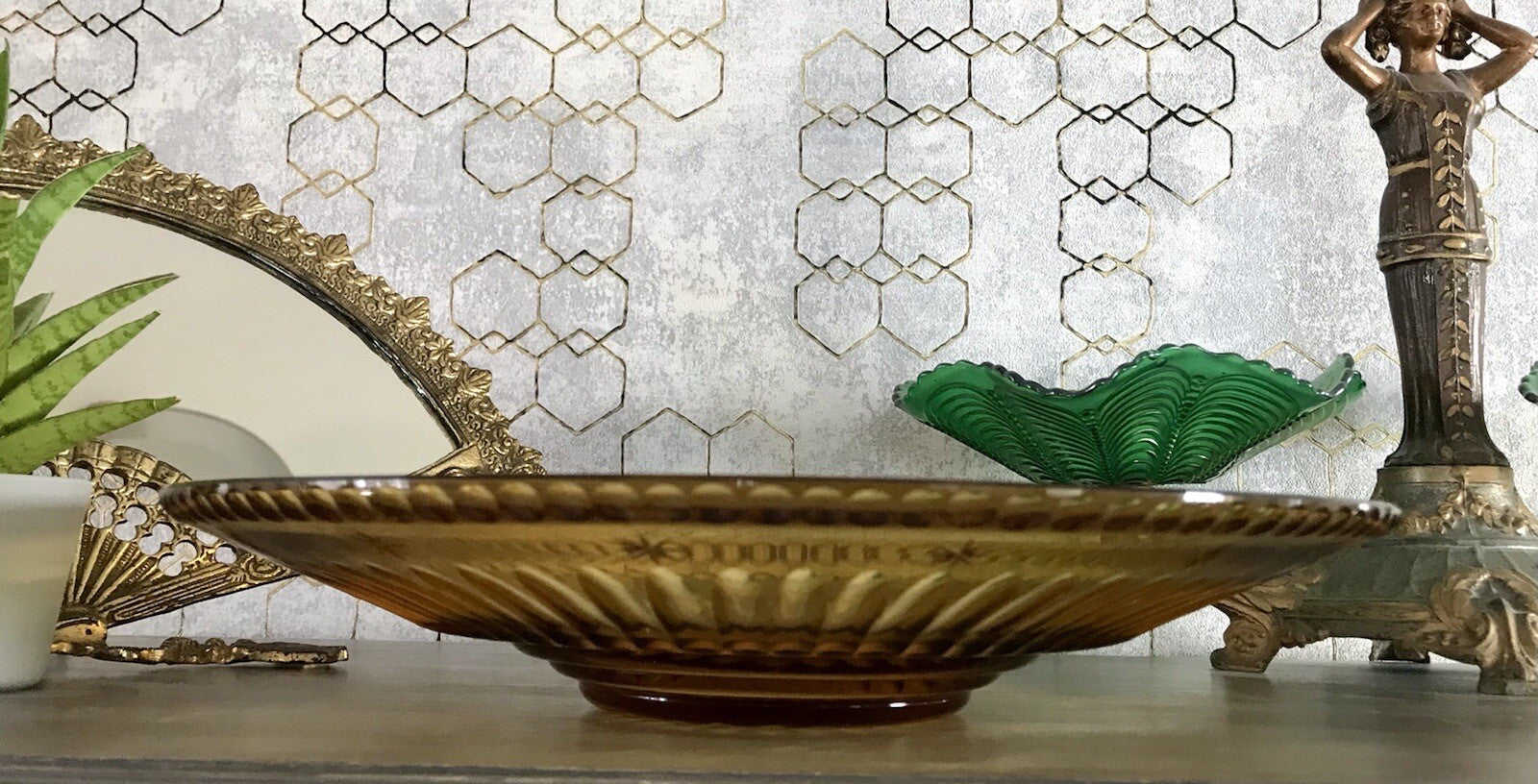 Antik Art Déco Edel Designer Kristallglas Schale Glasschale Bernstein Farbe Gelb
