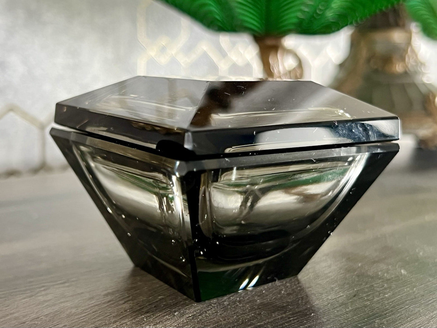 EDEL Art Déco antik Glasdose Kristallglas Frisiertisch Dose grau Schliff