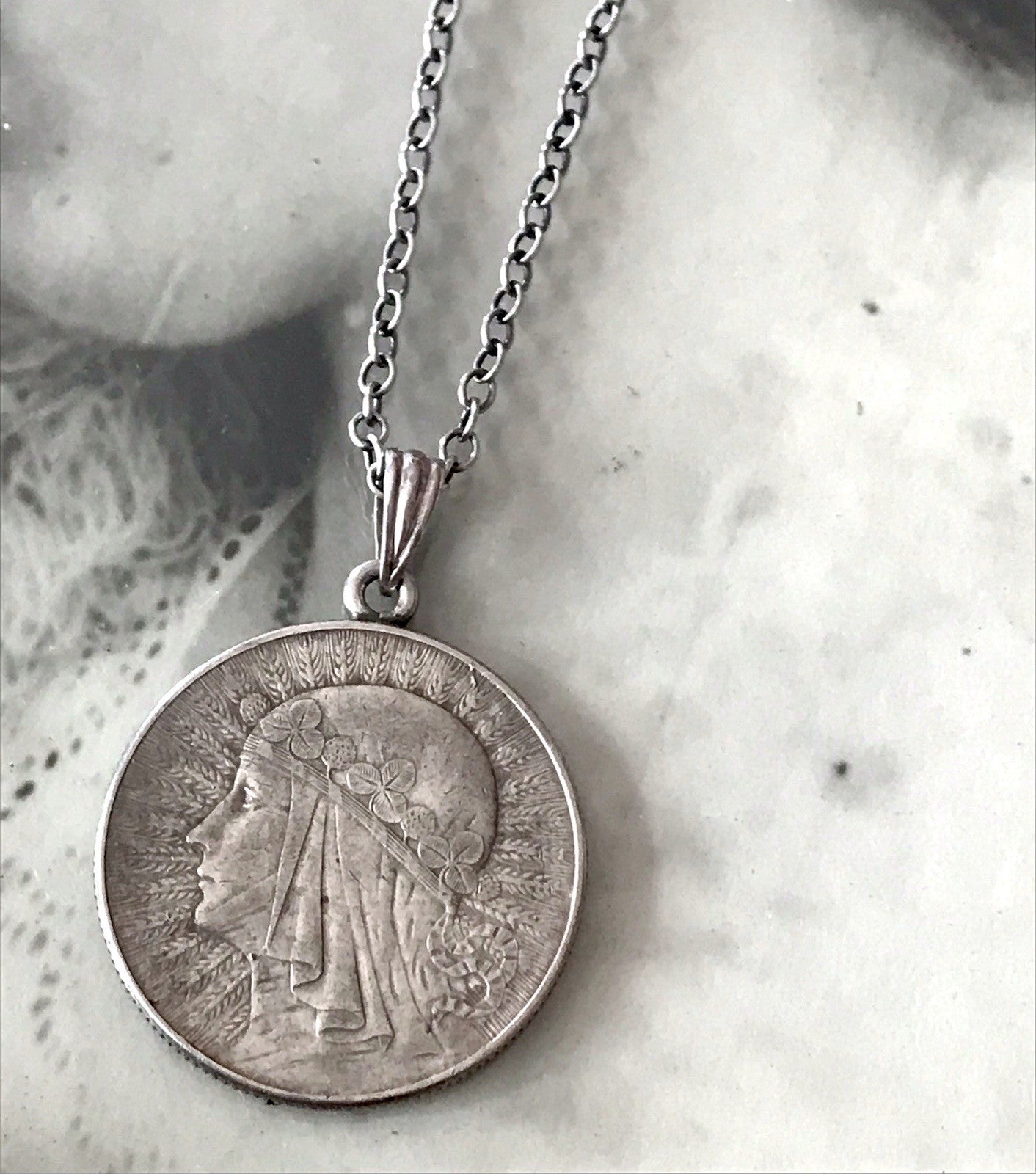 Antik Halskette Münze Jadwiga Polen 1933 Anhänger Kettenanhänger Silber 835