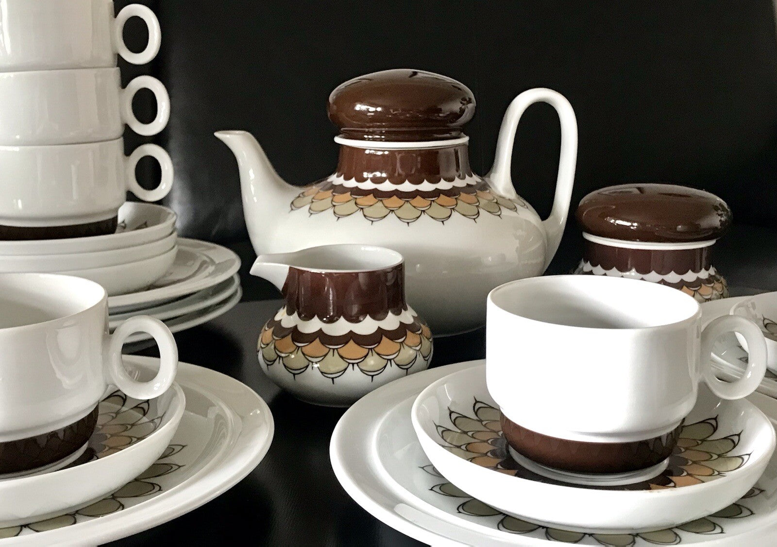 Alt Vintage 70er Thomas Porzellan Kaffeeservice weiß braun orange Wirkalla 6 P.