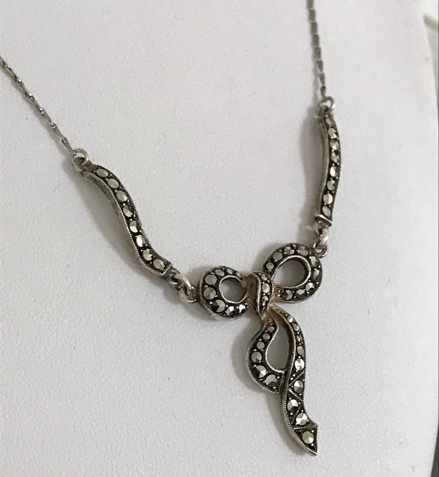 Antik Edel Jugendstil 835 Silber Collier Halskette Markasite Schleife