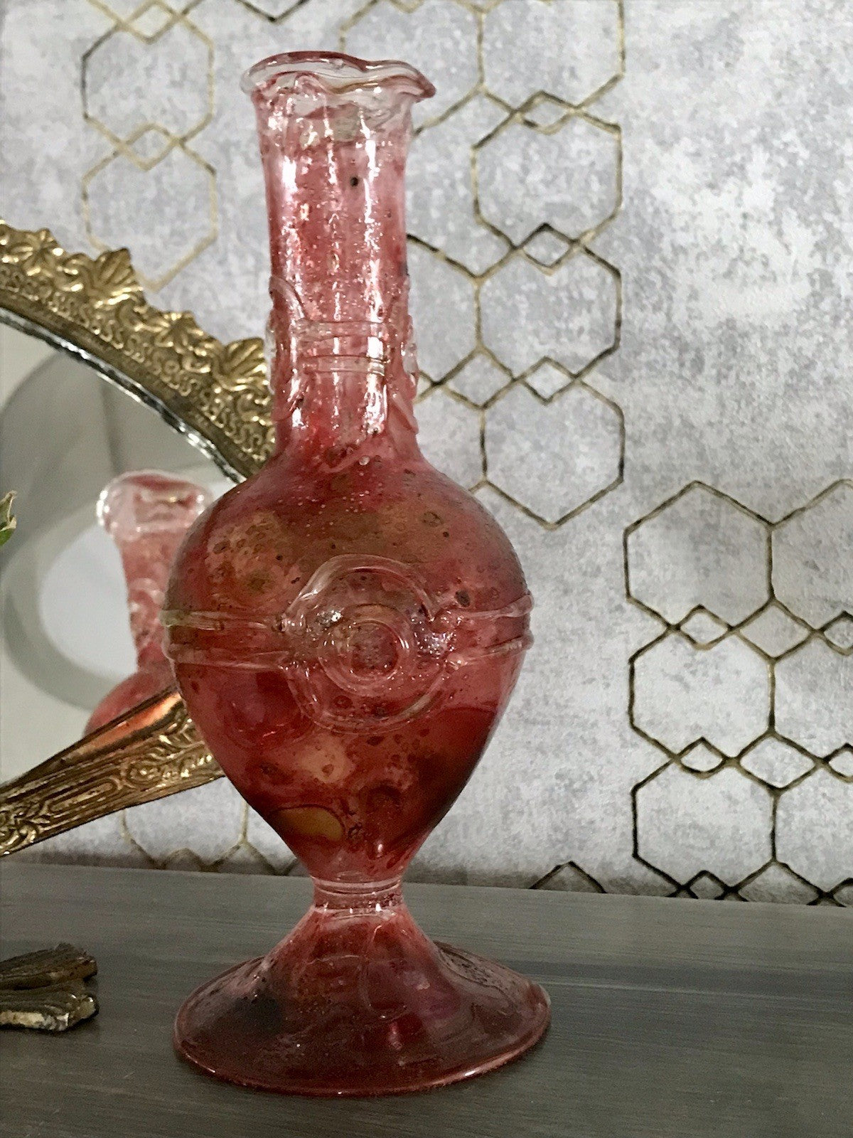 Vintage Pavel Molnār Glas Glaskunst Glasvase rot Faden Aufschmelzungen signiert