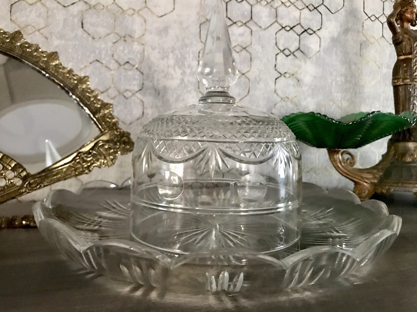 Antik EDEL Cloche Speise Glocke Käseglocke Butterglocke Schliff Kristallglas