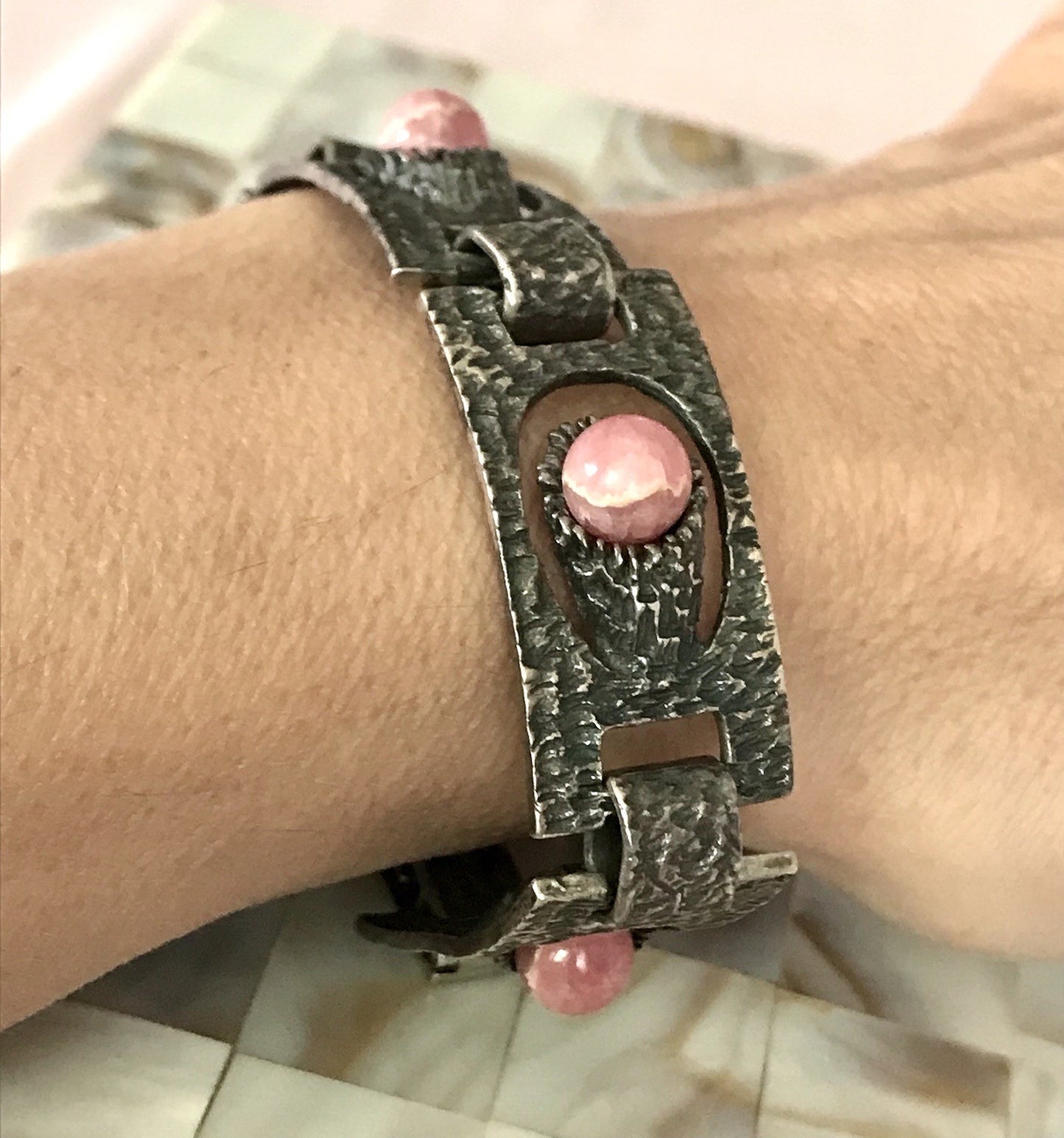 Vintage Schmuck Set 60er Designer Armband Ring Modernist 925 Silber Rosenquarz