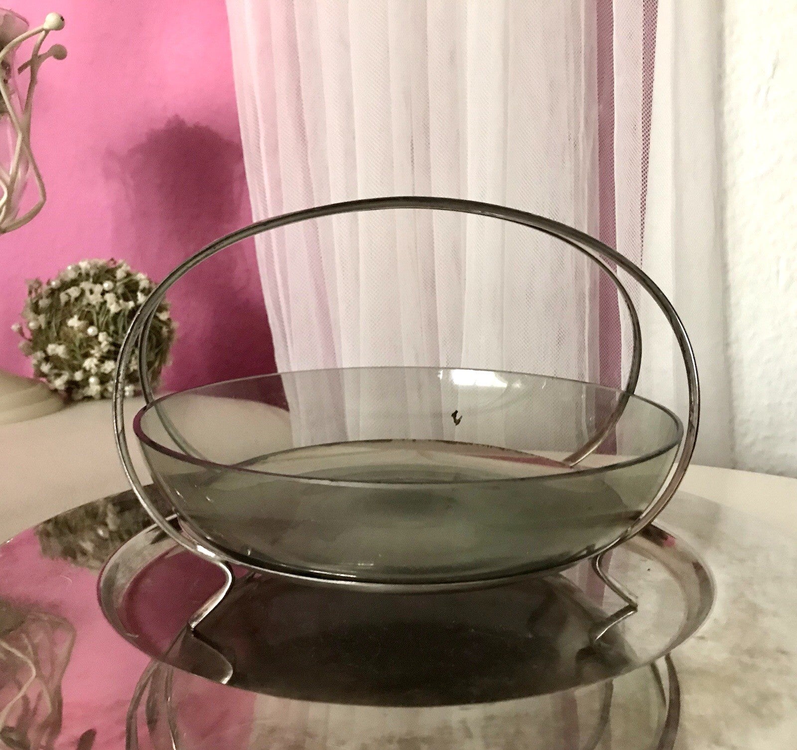 WMF ? Vintage Schale versilbert 50er 60er Mid Century Rauchglas Einsatz MCM