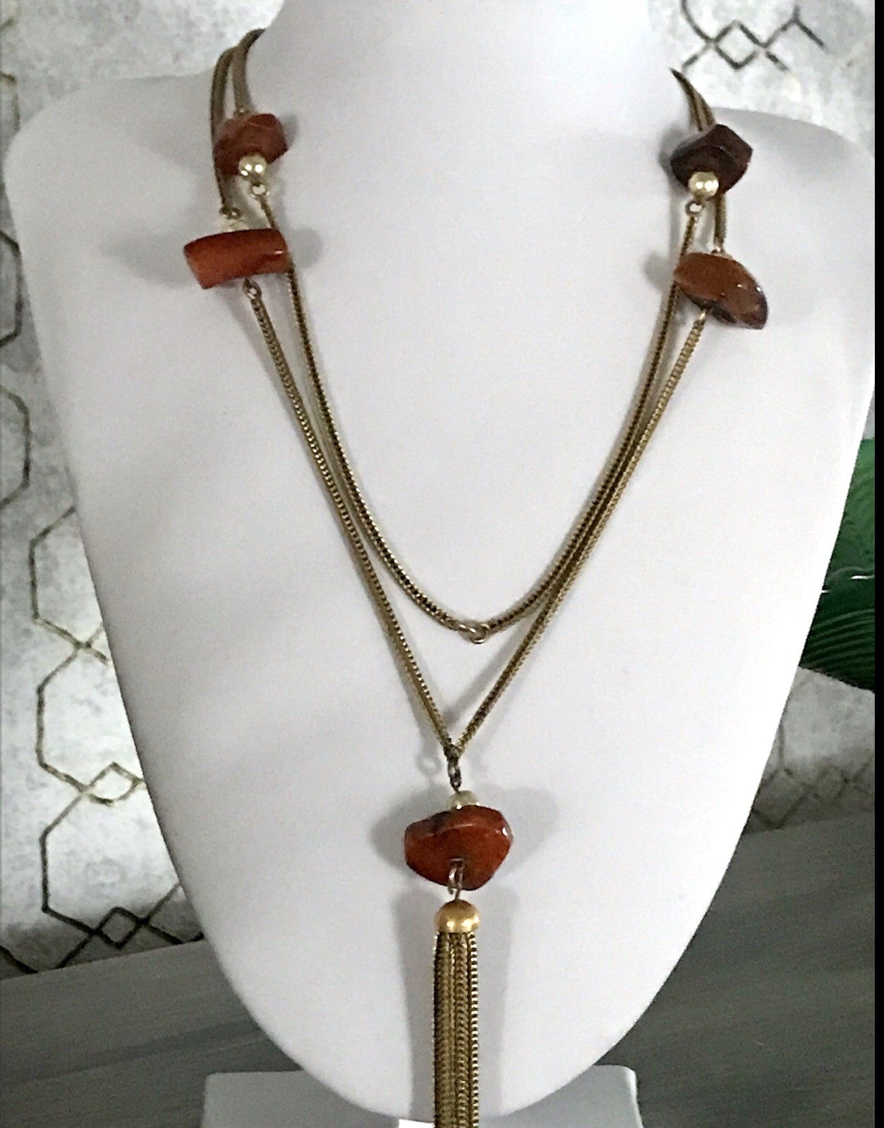 Vintage 60er Halskette Amerik. Doublè gold Steine Bernstein? Achate? SCHÖN