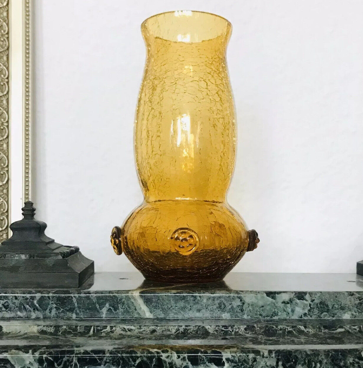 Antik Craqueleè Vase Glasvase Bernstein Gelb Amber Art Déco Nuppen