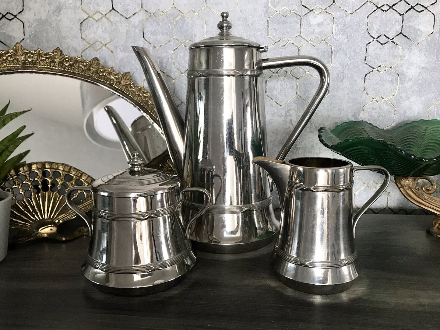 Antik Jugendstil Kaffee Kernstück Zuckerdose Rahmgießer Kanne vernickelt?