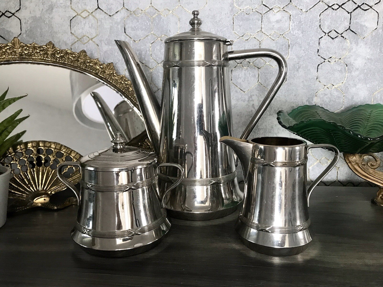 Antik Jugendstil Kaffee Kernstück Zuckerdose Rahmgießer Kanne vernickelt?