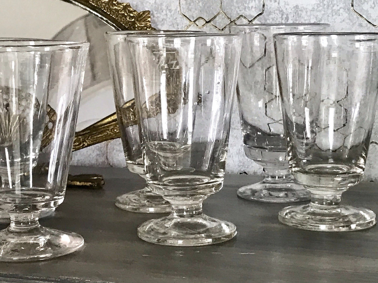 Antik 6 Fußbecher Becher Weinglas Pokalglas Glas ~ 1900 Eichstrich mundgeblasen