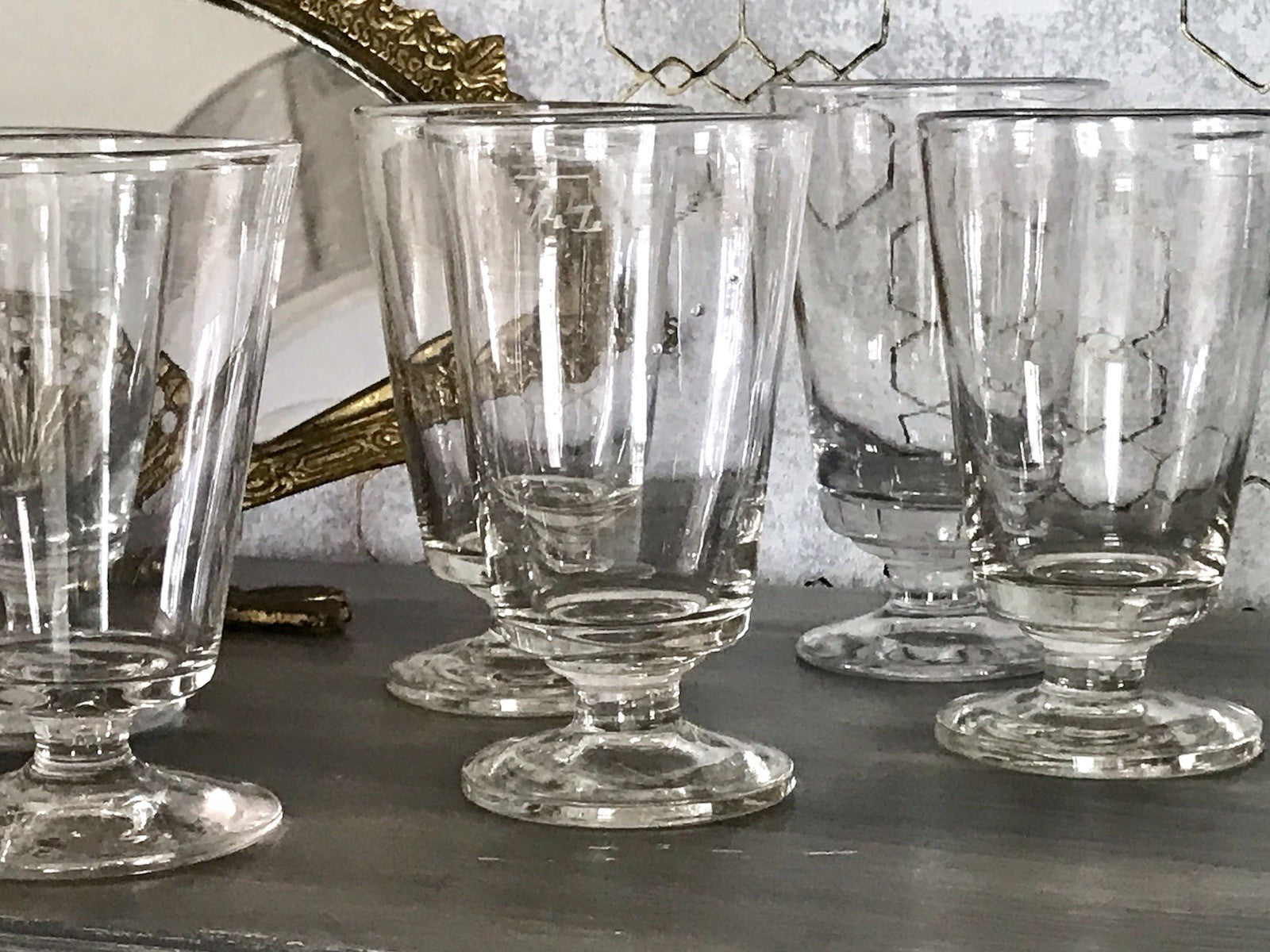 Antik 6 Fußbecher Becher Weinglas Pokalglas Glas ~ 1900 Eichstrich mundgeblasen