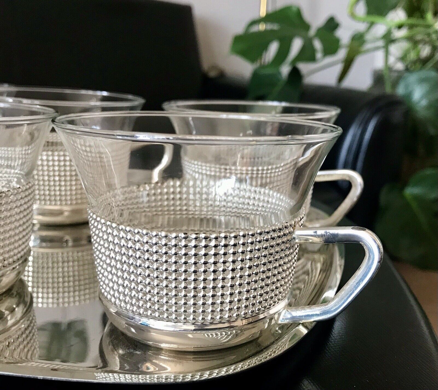 Vintage 60er 6x Teeglashalter Teeservice Glaseinsätzen & Tablett versilbert 60er