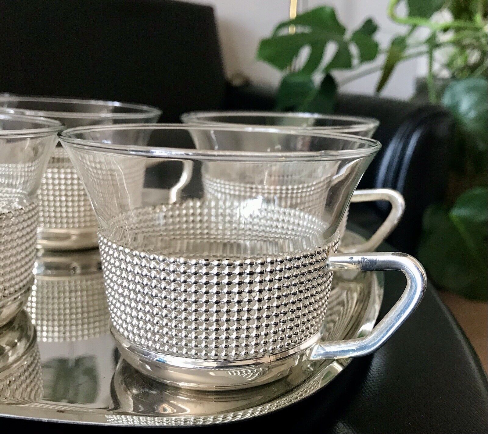 Vintage 60er 6x Teeglashalter Teeservice Glaseinsätzen & Tablett versilbert 60er