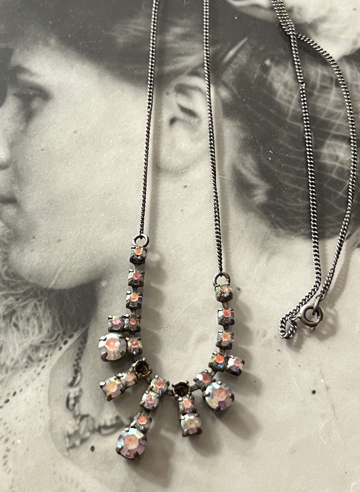 Vintage Antik? 835 Silber Collier Halskette Aurora Borealis? Steine