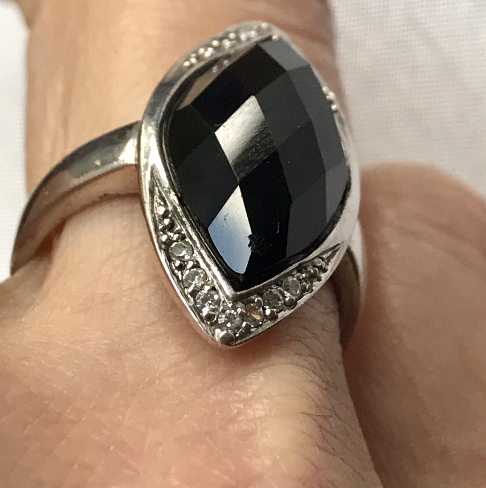 Vintage Onyx? & farblose Steine DAMEN RING Silber 925 Gr.57 58 Schiffchen