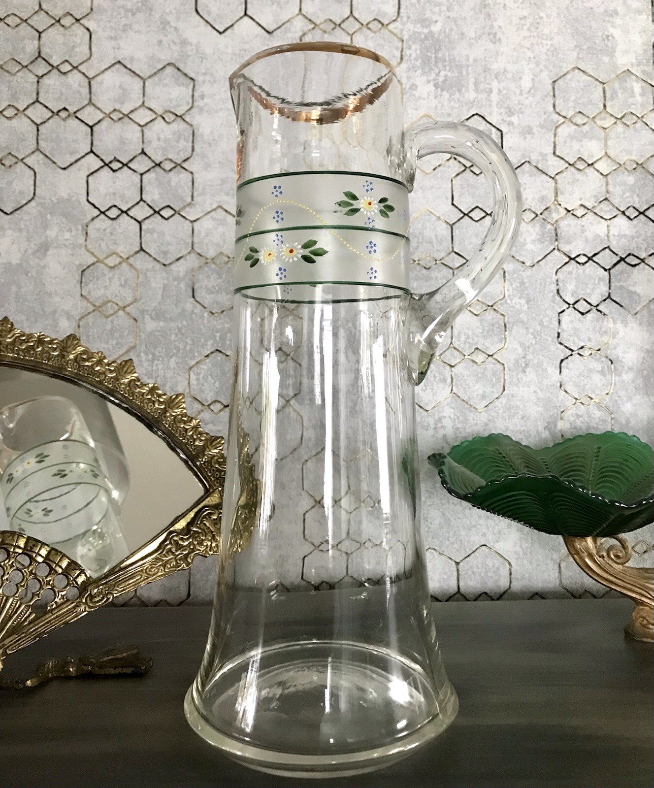 Antik Jugendstil große Karaffe Krug Schankkrug Emaile Golddekor Kanne