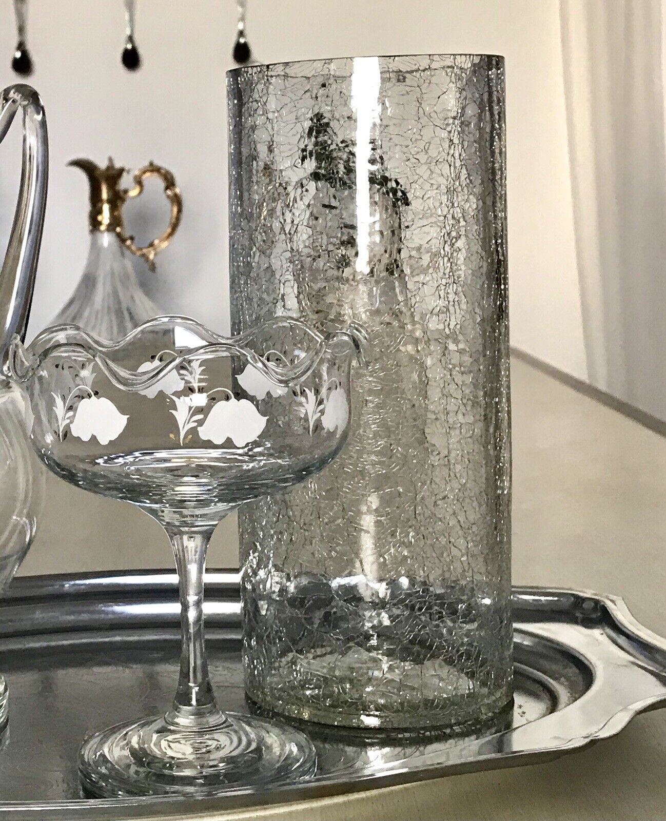 Vintage Kristallglas Kunstglas Craquelée Vase Glasvase zylindrisch groß