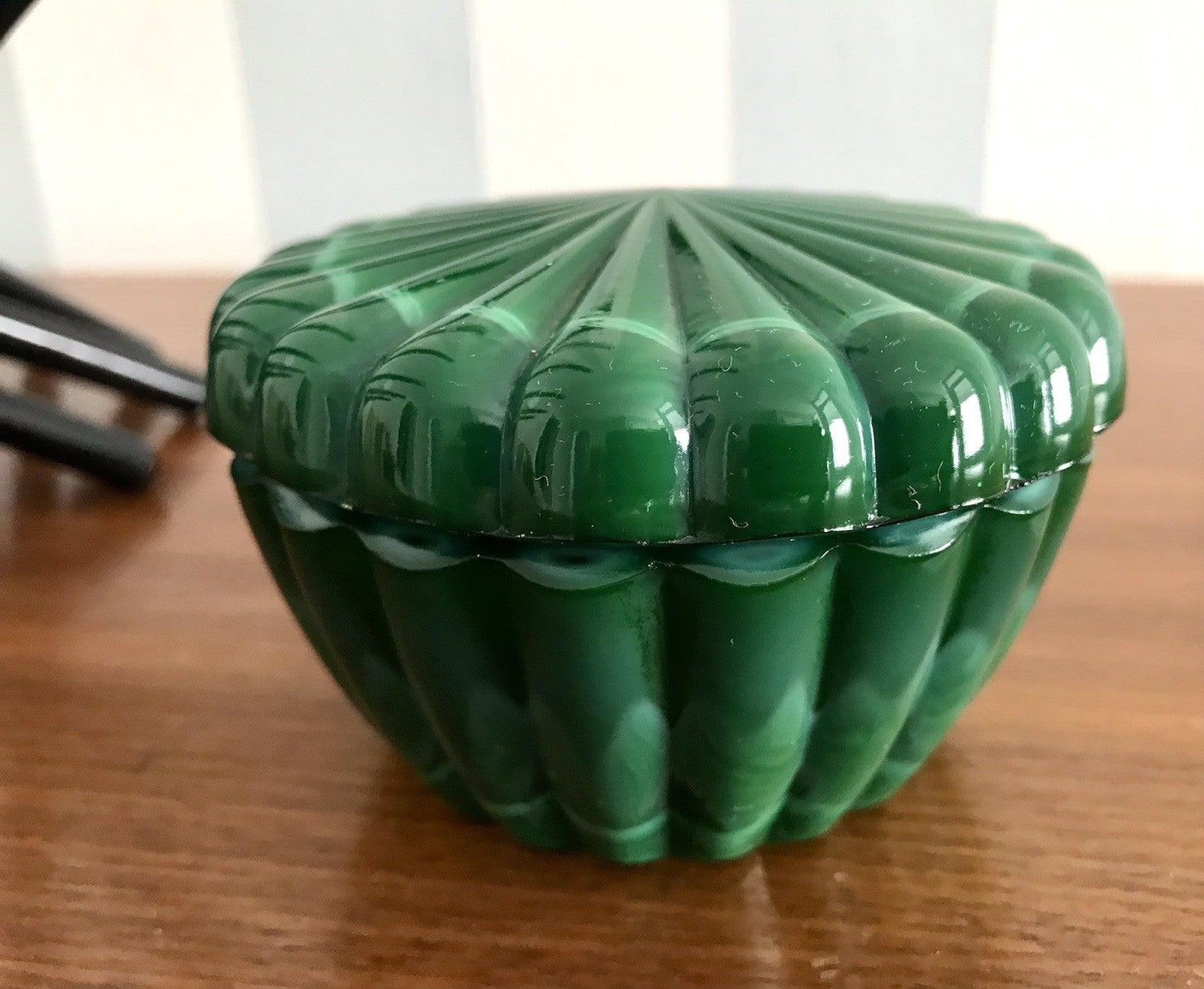Antik Art Déco Glas Glasdose Deckeldose Glas Malachitglas Böhmen