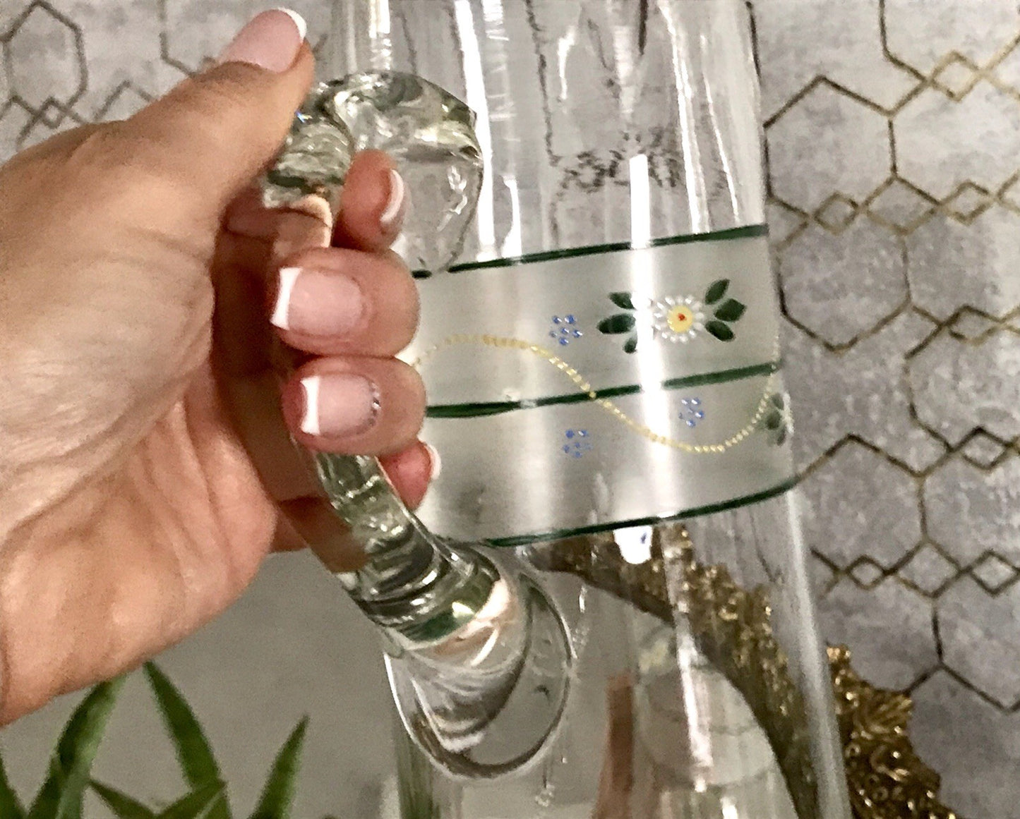 Antik Jugendstil große Karaffe Krug Schankkrug Emaile Golddekor Kanne