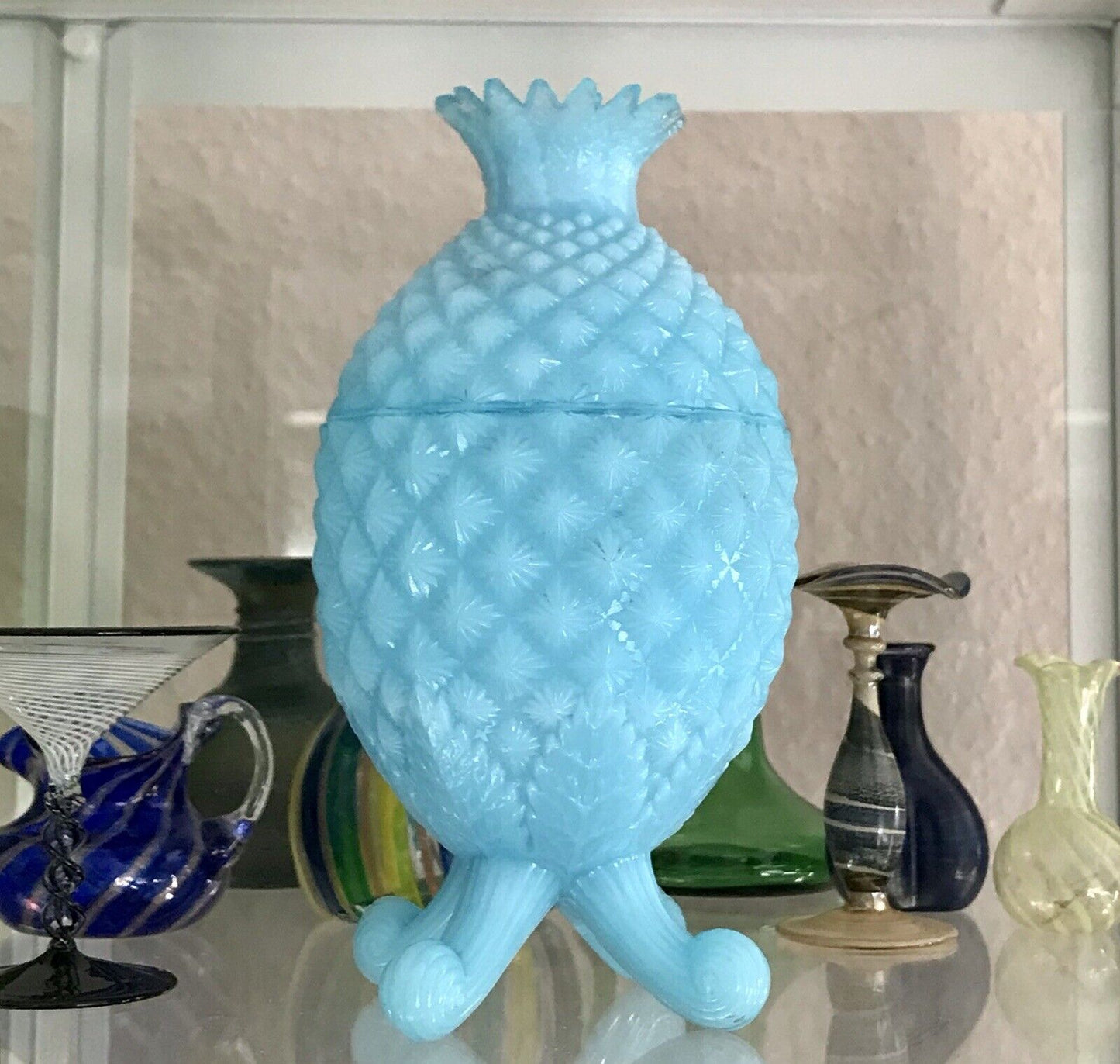 Antik Jugendstil Ananas Glasdose Dose Opalglas Deckeldose blau Pressglas SCHÖN!