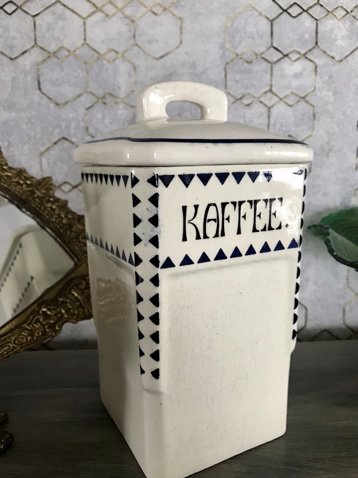 Antik Jugendstil Vorratsgefäß Kaffee Gefäß Vorratsdose weiß Porzellan creme blau