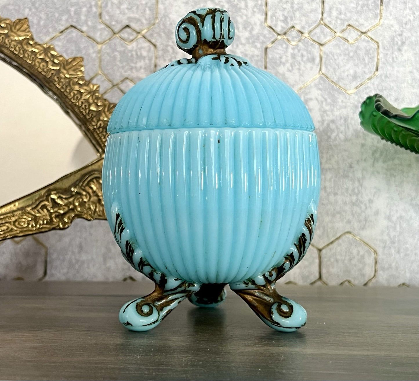 Antik Jugendstil Glasdose Kugel Dose Opalglas Deckeldose blau Pressglas SCHÖN!