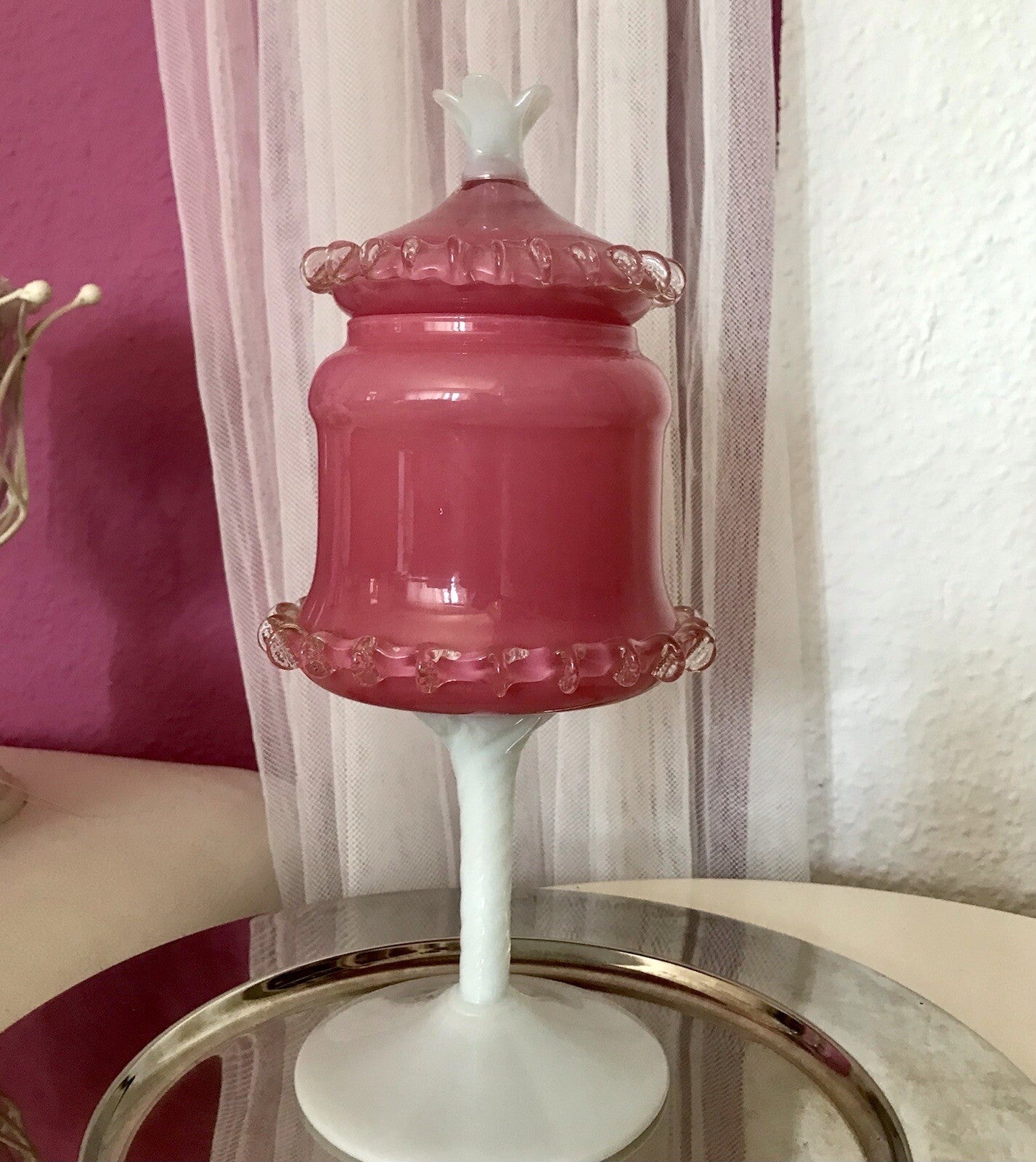 Vintage 60er Empoli Fußschale Schale Bonboniere rosa weiß Deckelvase Designer