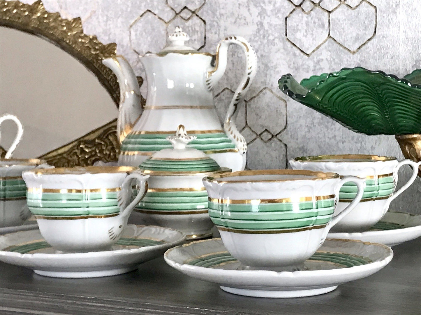 Antik Historismus Porzellan Kaffeeservice Mokkaservice weiß grün Schumann Moabit