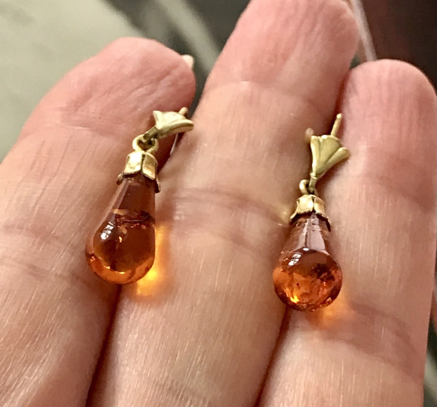 Antik Vintage Ohrhänger Ohrringe Pampel Bernstein ? DAMEN Amerik. Doublè