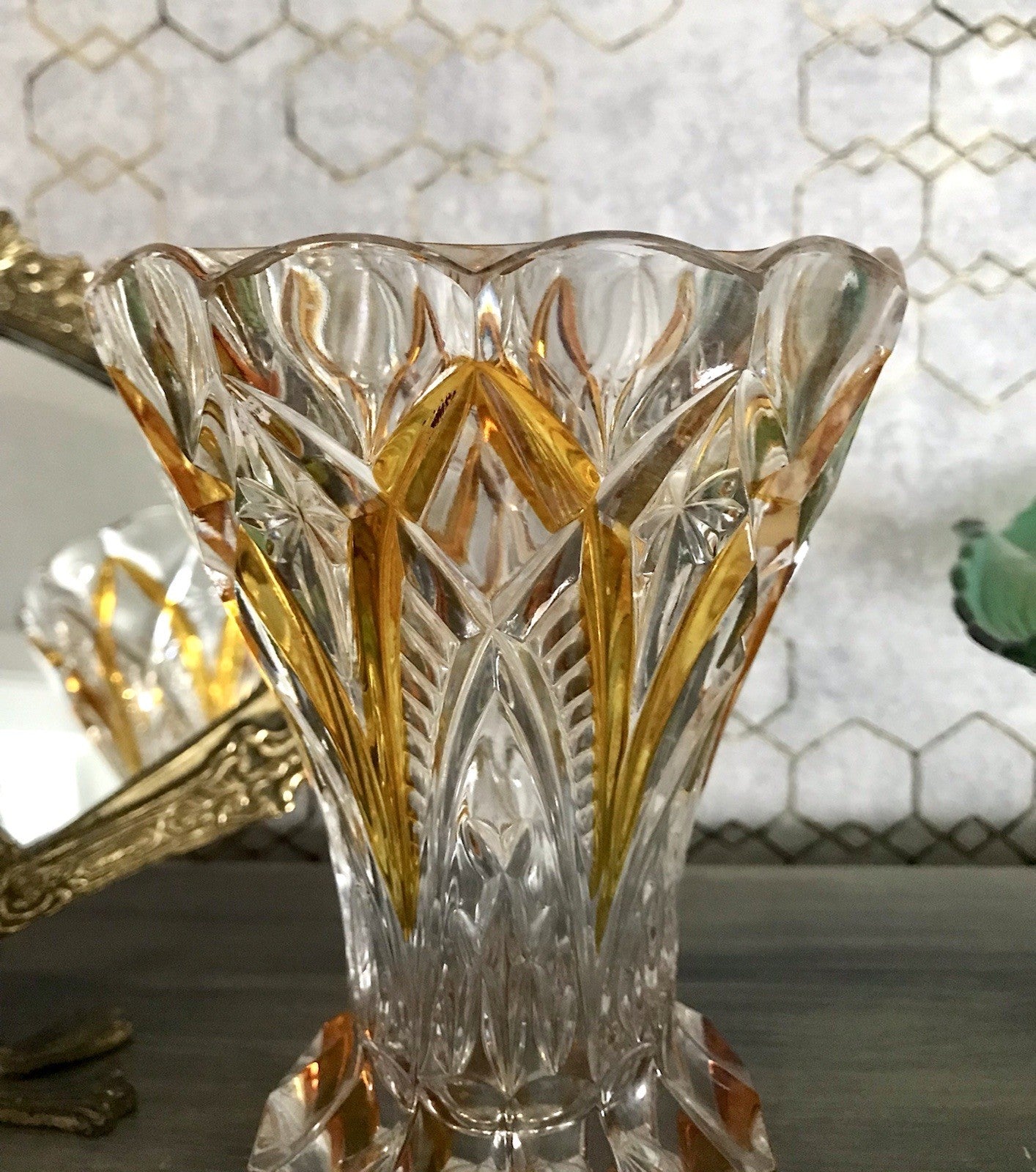 Antik alt Art Déco Stil Glasvase Bleikristall Vase Bernstein Gelbbeize Annahütte