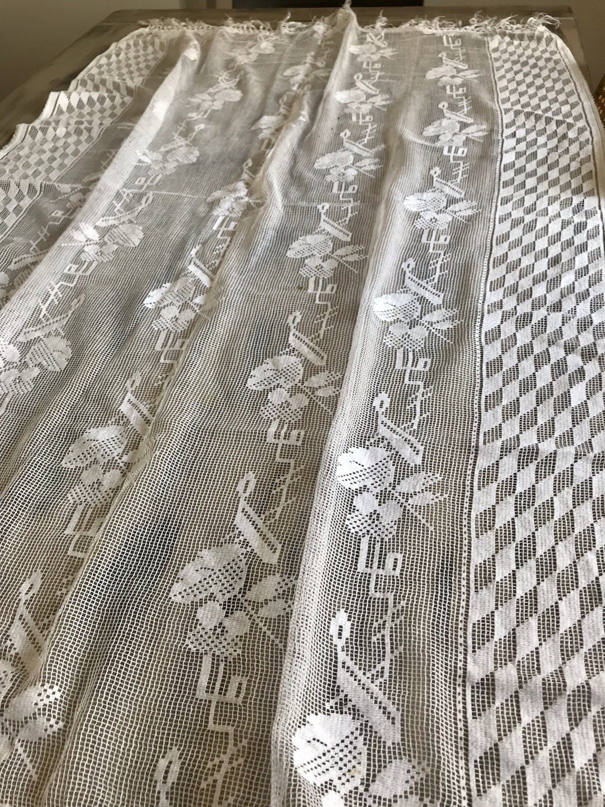 Antik Art Déco Fenster Gardine Vorhang Baumwolle Filetspitze weiß Spitze