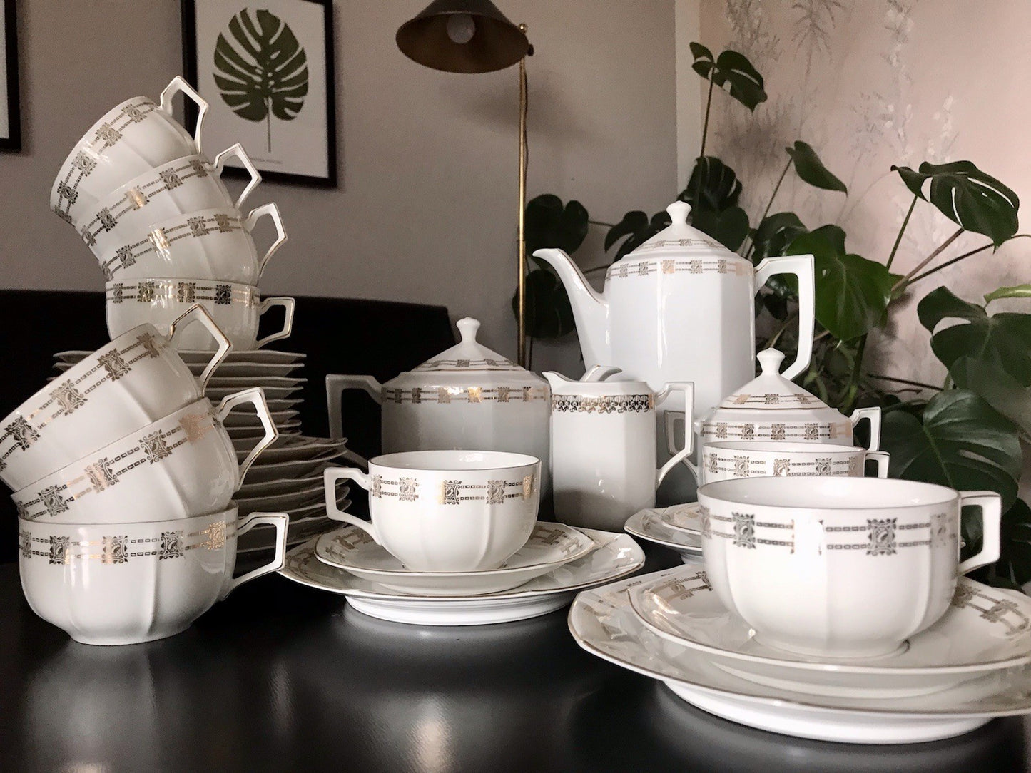Antik Art Déco Porzellan 11 Personen Kaffeeservice EDEL Goldrand Golddekor