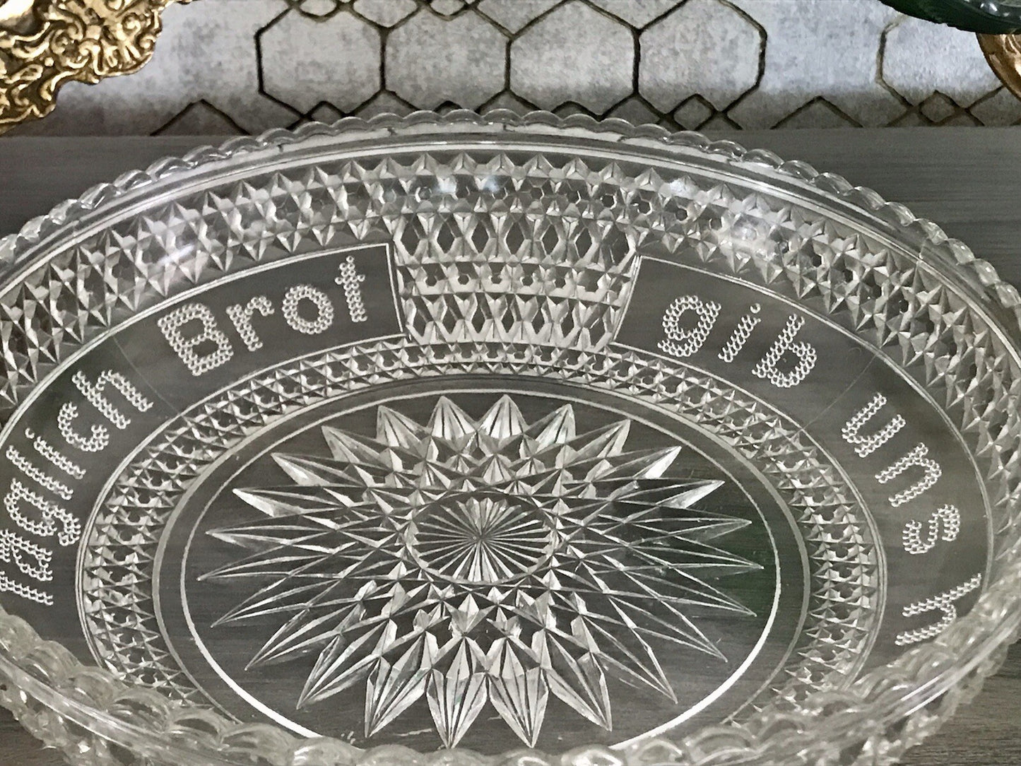 Art Déco Pressglas Schale Antik Brotschale Unser täglich Brot gib uns heute Glas