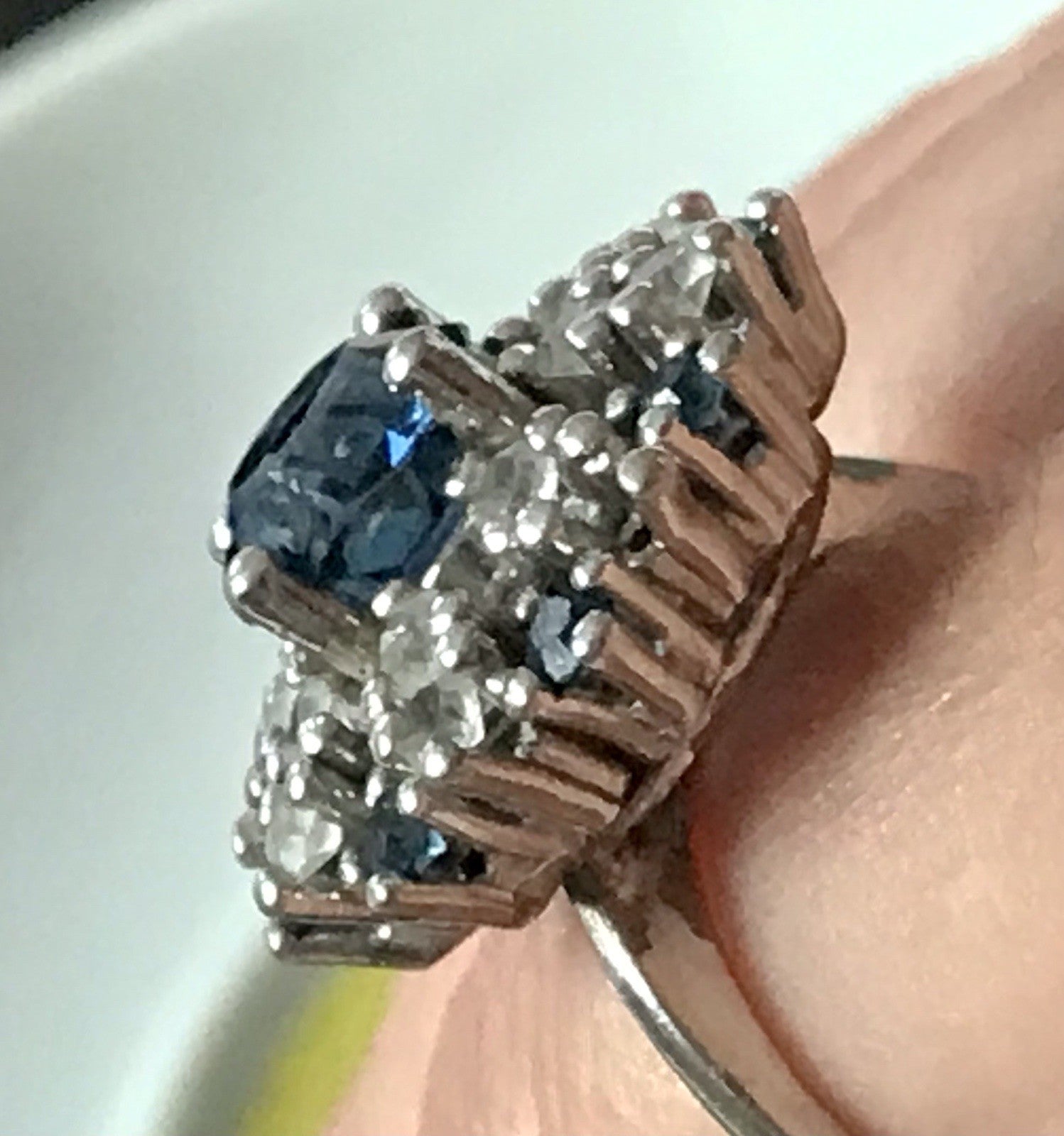 Vintage Entourage Halo Ring farblose Steine & Saphir Silber 835  ~Gr.55 17,5