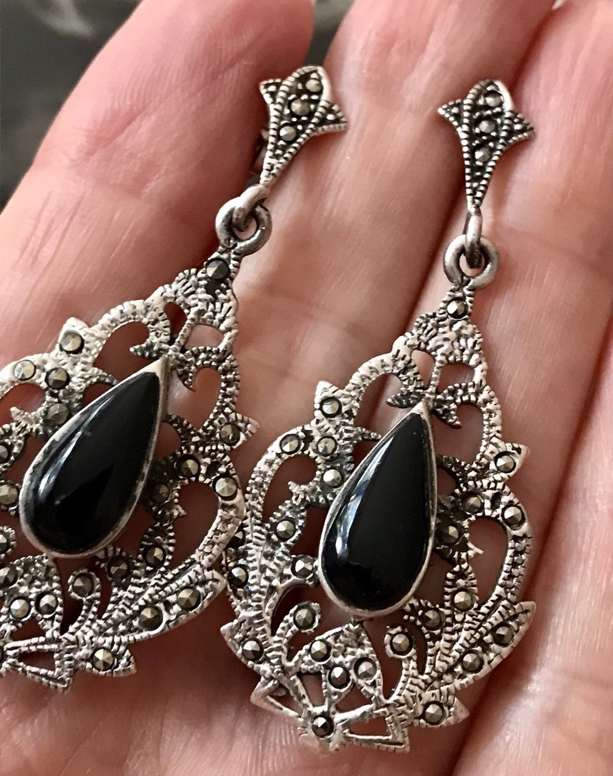 Antik Art Déco Wundervoll Ohrhänger Ohrringe DAMEN Silber 925 Onyx Markasite