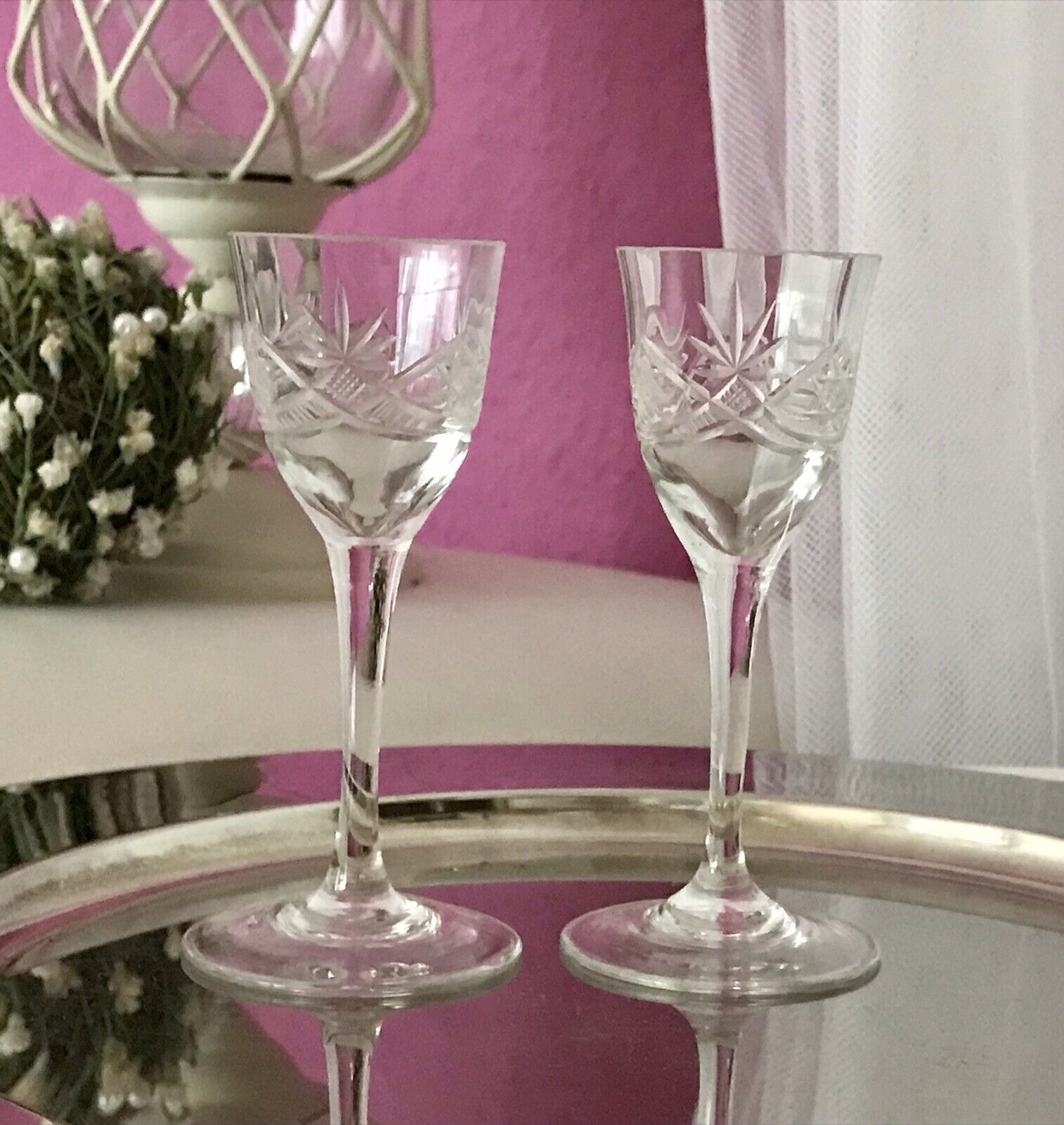 Antik 2 hochstielige Jugendstil Art Déco Likörgläser Kristallglas Schliff EDEL